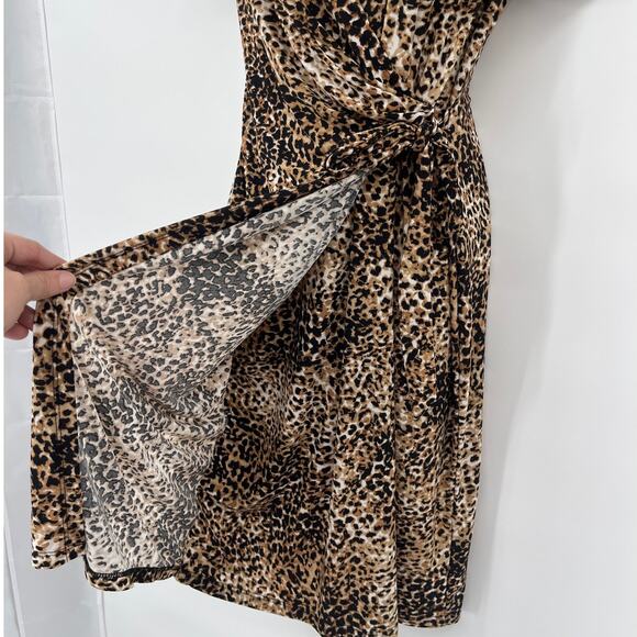 Anne Klein Leopard Faux Wrap Dress 8 Brown Y2K Mob Wife Tie Deep V-Neck Career - Picture 4 of 12
